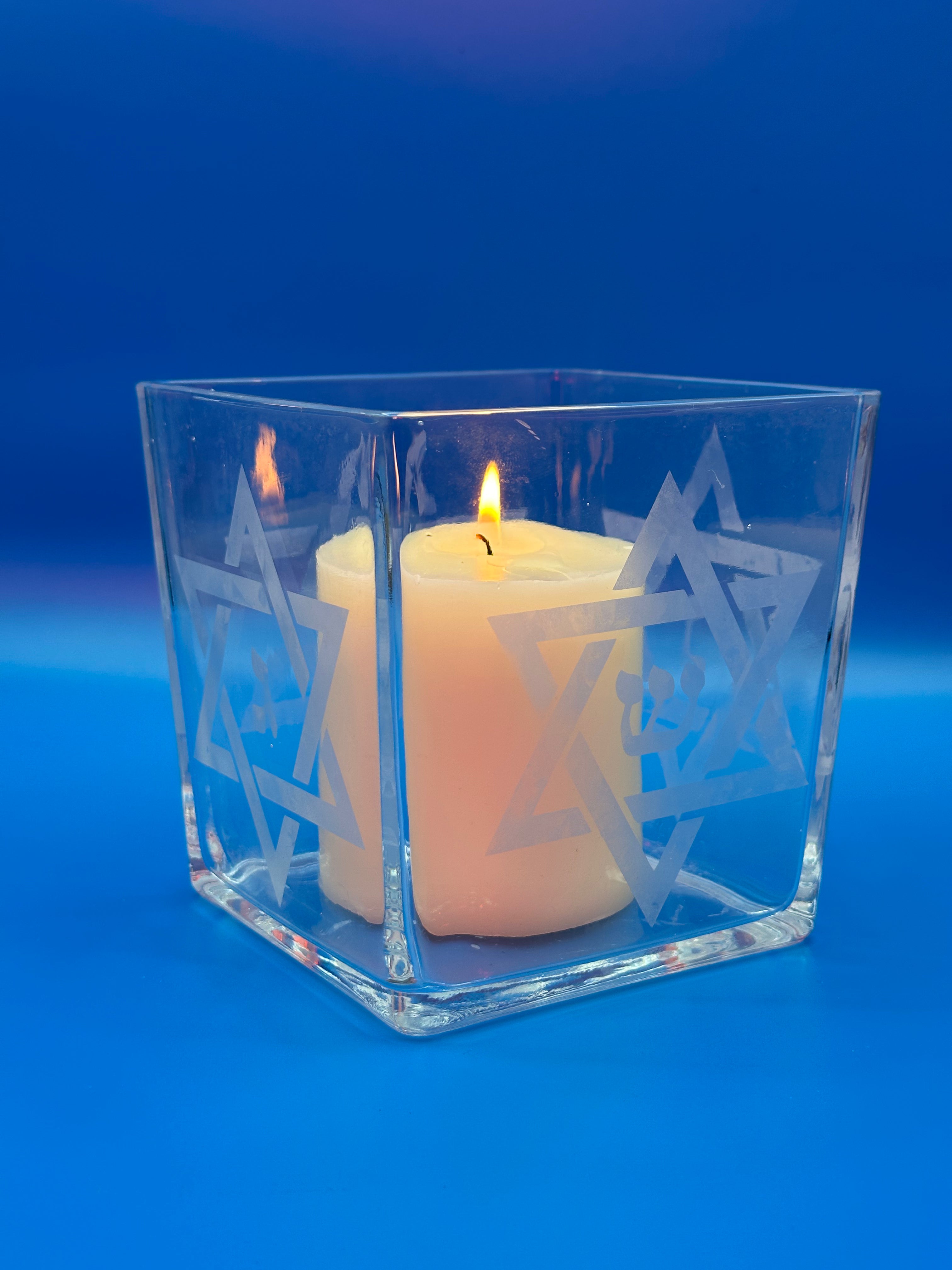 Hand-Etched Hanukkah Glass Candle Holder with Dreidel Letters | Nun Gimel Hey Shin | Judaica Holiday Decor | Tealight Votive Holder | Host Gift